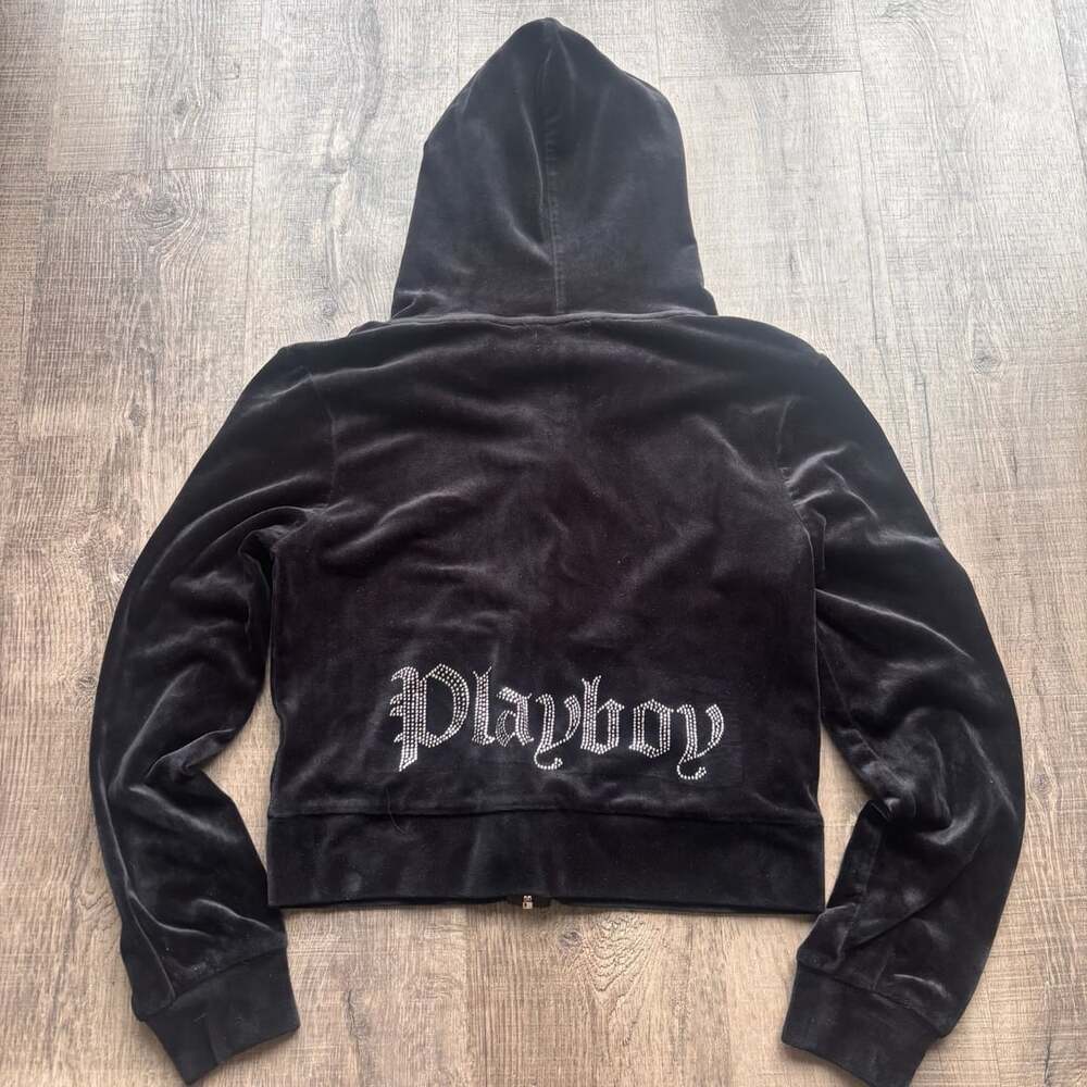 Playboy Black Velour Rhinestone Bunny Zip-Up Hoodie